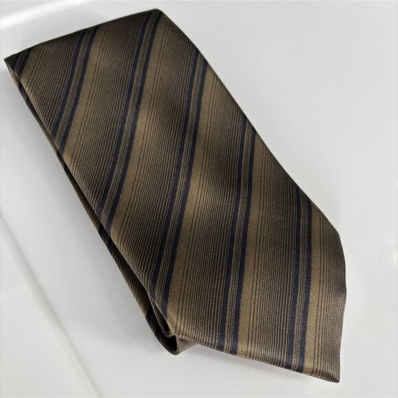 Brioni Mens Striped Silk Tie Tan Navy Hand Made in Italy Career Office Business - Picture 1 of 7